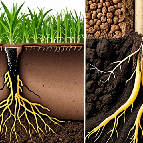 **

A split image depicting contrasting agricultural practices. On one side, a healthy soil profile with vibrant plant roots, illustrating good soil management techniques. On the other side, a degraded soil profile with stunted plant growth, representing the consequences of poor agricultural practices leading to soil contamination. Emphasize the importance of soil observation and understanding soil physics/chemistry.

**
