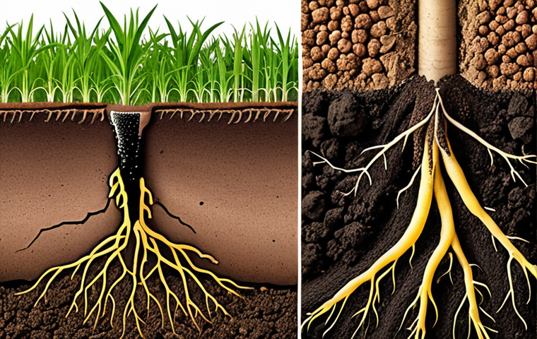 **

A split image depicting contrasting agricultural practices. On one side, a healthy soil profile with vibrant plant roots, illustrating good soil management techniques. On the other side, a degraded soil profile with stunted plant growth, representing the consequences of poor agricultural practices leading to soil contamination. Emphasize the importance of soil observation and understanding soil physics/chemistry.

**