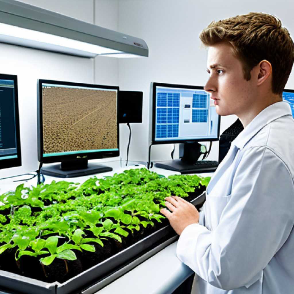 **
A bright and hopeful young agricultural engineer standing in a modern agricultural lab. He/She is looking determined, surrounded by equipment and digital displays showing data on soil analysis and plant growth. The atmosphere should convey ambition and a desire to make a positive impact on the agricultural environment, with the soft glow of computer screens.
**