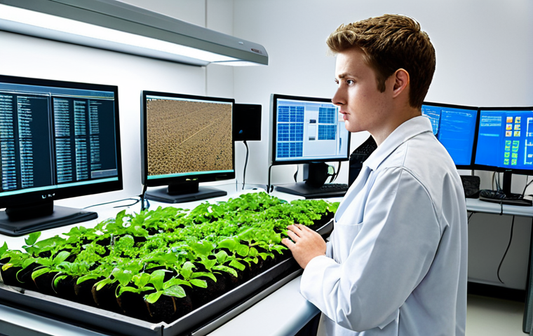 **

A bright and hopeful young agricultural engineer standing in a modern agricultural lab. He/She is looking determined, surrounded by equipment and digital displays showing data on soil analysis and plant growth. The atmosphere should convey ambition and a desire to make a positive impact on the agricultural environment, with the soft glow of computer screens.

**