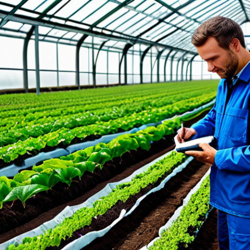 **

"A professional agricultural environmental technician, fully clothed in practical work attire, inspecting soil quality in a vibrant organic farm. Background shows rows of healthy crops and a modern greenhouse. Safe for work, appropriate content, perfect anatomy, natural proportions, high-quality, professional photography, family-friendly, modest clothing."

**
